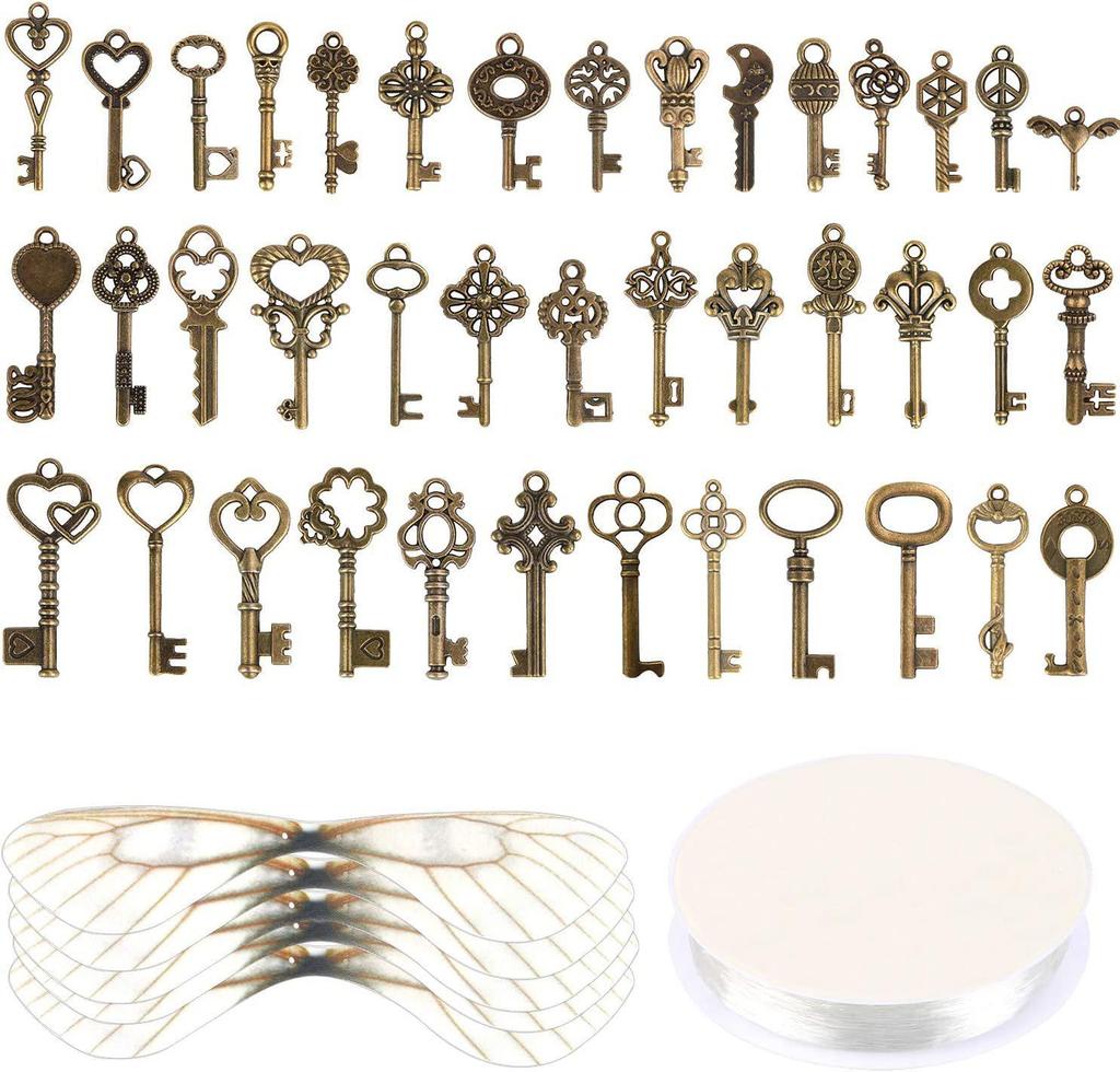 40 Vintage keys, 40 pairs of wings, 30 size crystal thread, wedding party decoration room pendant set
