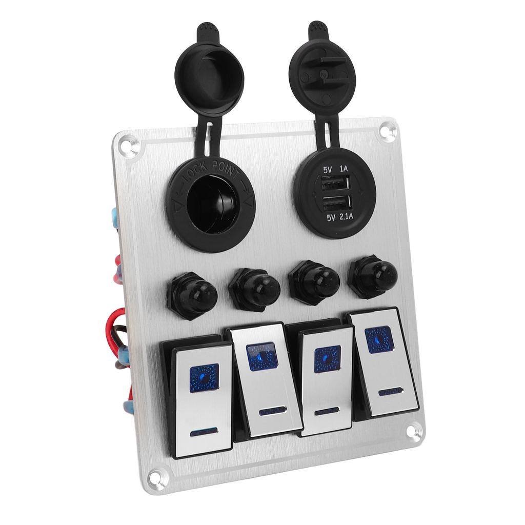 4 Gang Rocker Switch Panel Waterproof Marine Boat Toggle Switch Panel Silver Oxide On Off with Double Blue Light