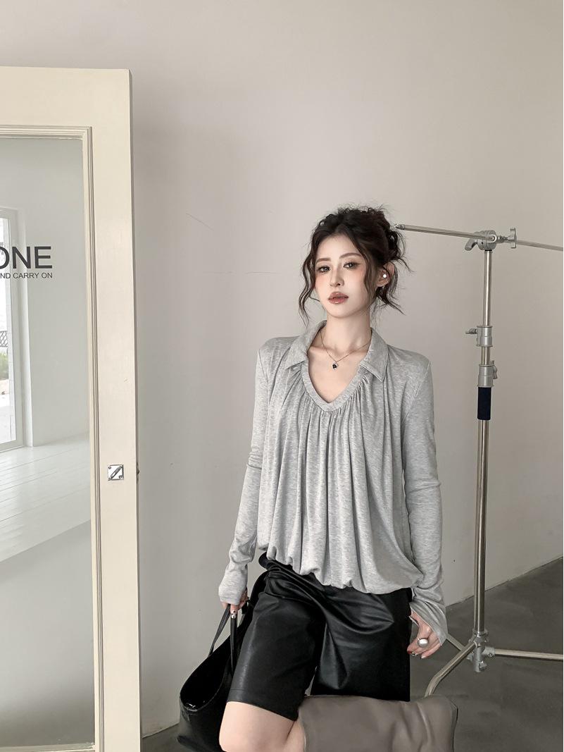 Elegant Winter Lapel Pleated Double-Layer Long-Sleeve Slimming Versatile Shirt One Size