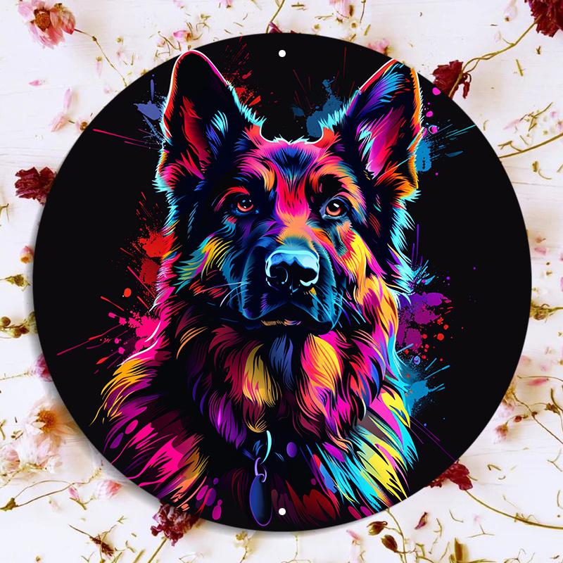 Vibrant Neon Pop Art German Shepherd Round Metal Sign D Flat Printed Colorful Splash Style Dog Art Tin Plaque Bold Modern Pet