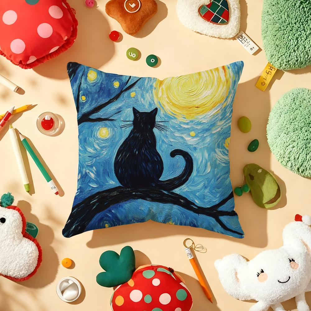 Van Gogh Starry Sky Kawaii Cat Pillow Case Plush Fabric Soft Double-Sided Printed Sofa Warm Winter Home Gift Cushion Cover