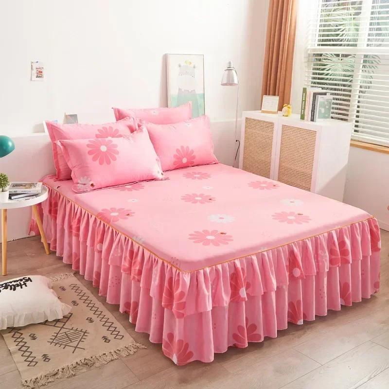 1PC Bed Skirt Cartoon Style Bed Cover Ruffled Bedsheet Falda De Cama Quilted Mattress Covers Lace Bedspread (No Pillowcase)