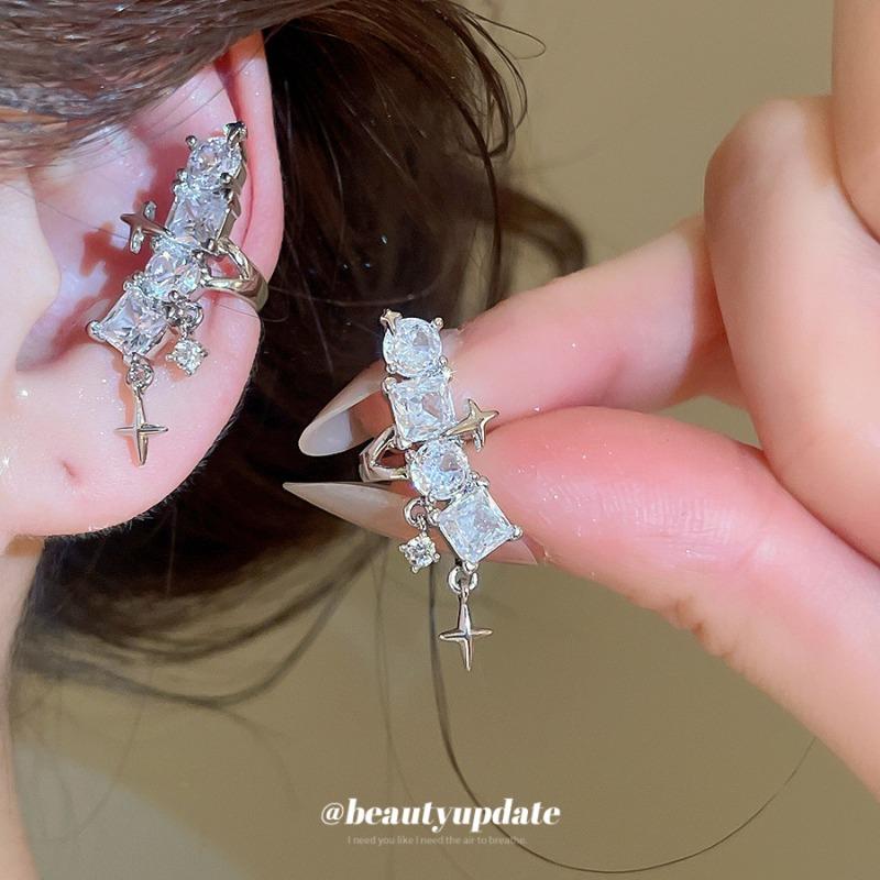 Bright Mangxing~ Shiny Diamond Ear Clips Women's No Ear Piercings Light Luxury Ear Bone Clips Light Luxury Premium Versatile Earrings