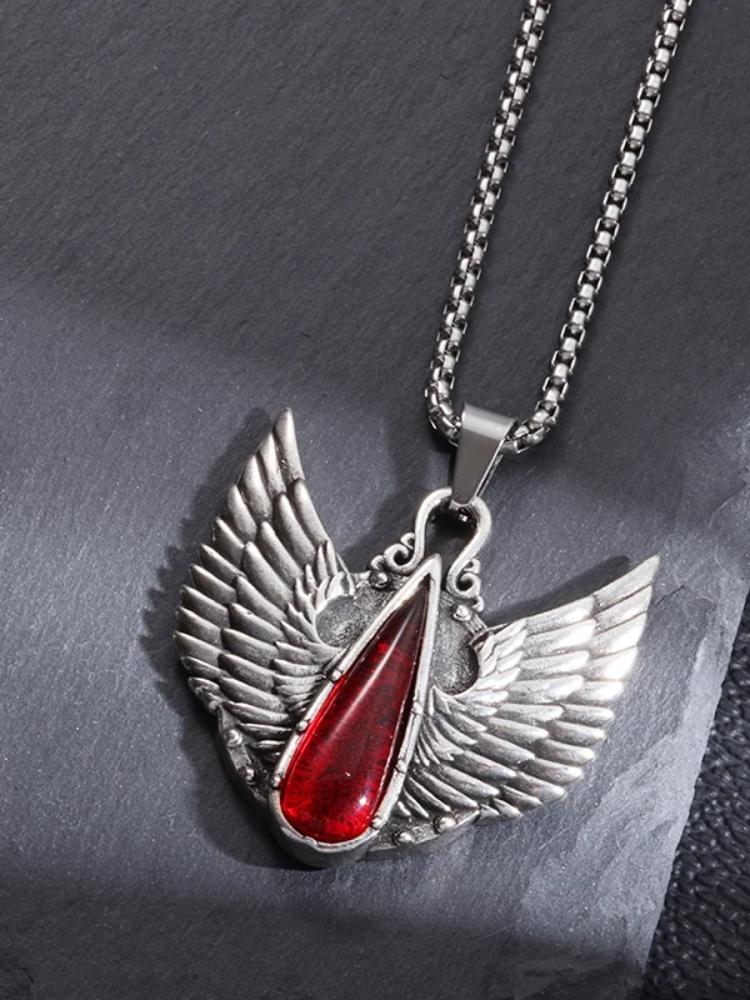 

Vintage Celtic Angel Wings Synthetic Ruby Pendant Stainless Steel Necklace for Men Women Fashion Party Punk Jewelry