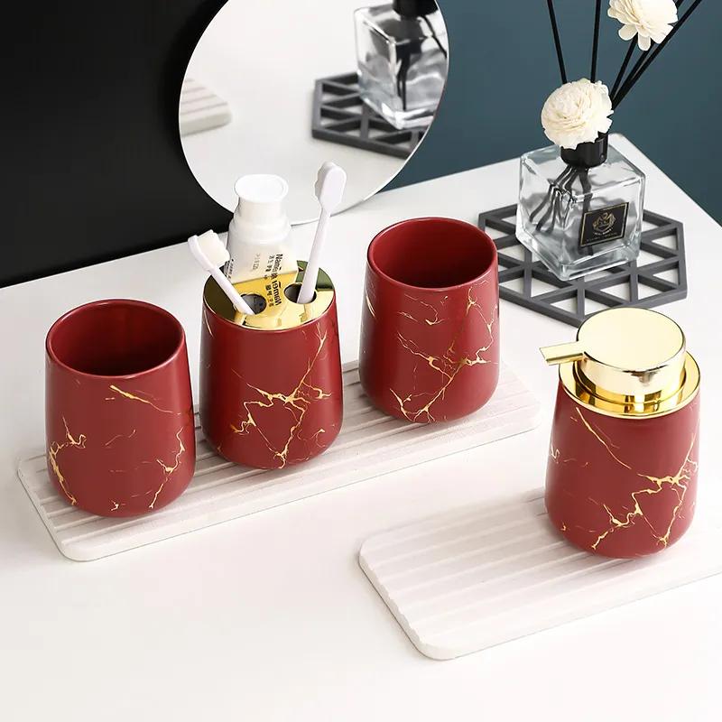 Matte Gold Ceramics Bathroom Set Decor Soap Dispenser Toothbrush Holder cup Soap Dish tray Mouthwash Cup bathroom Washing Set