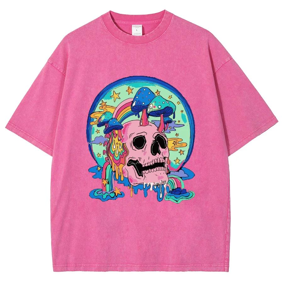 Funny Skull Print Ladies T-Shirt Unisex Wash Loose Oversized Short Sleeve Street Top Tee Summer