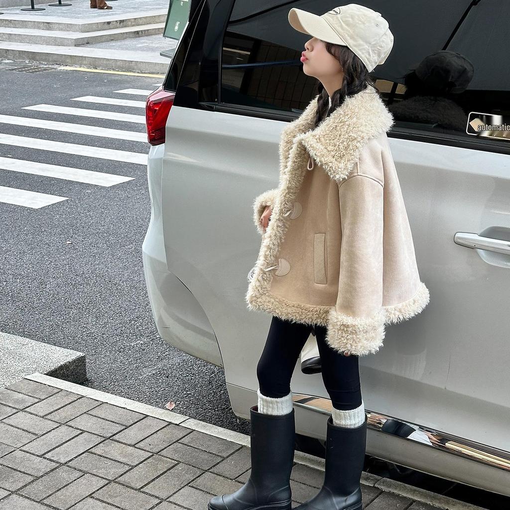 2025 Girls' Autumn/Winter Fleece-Lined Leather & Fur Coat - Stylish One-Piece for Kids