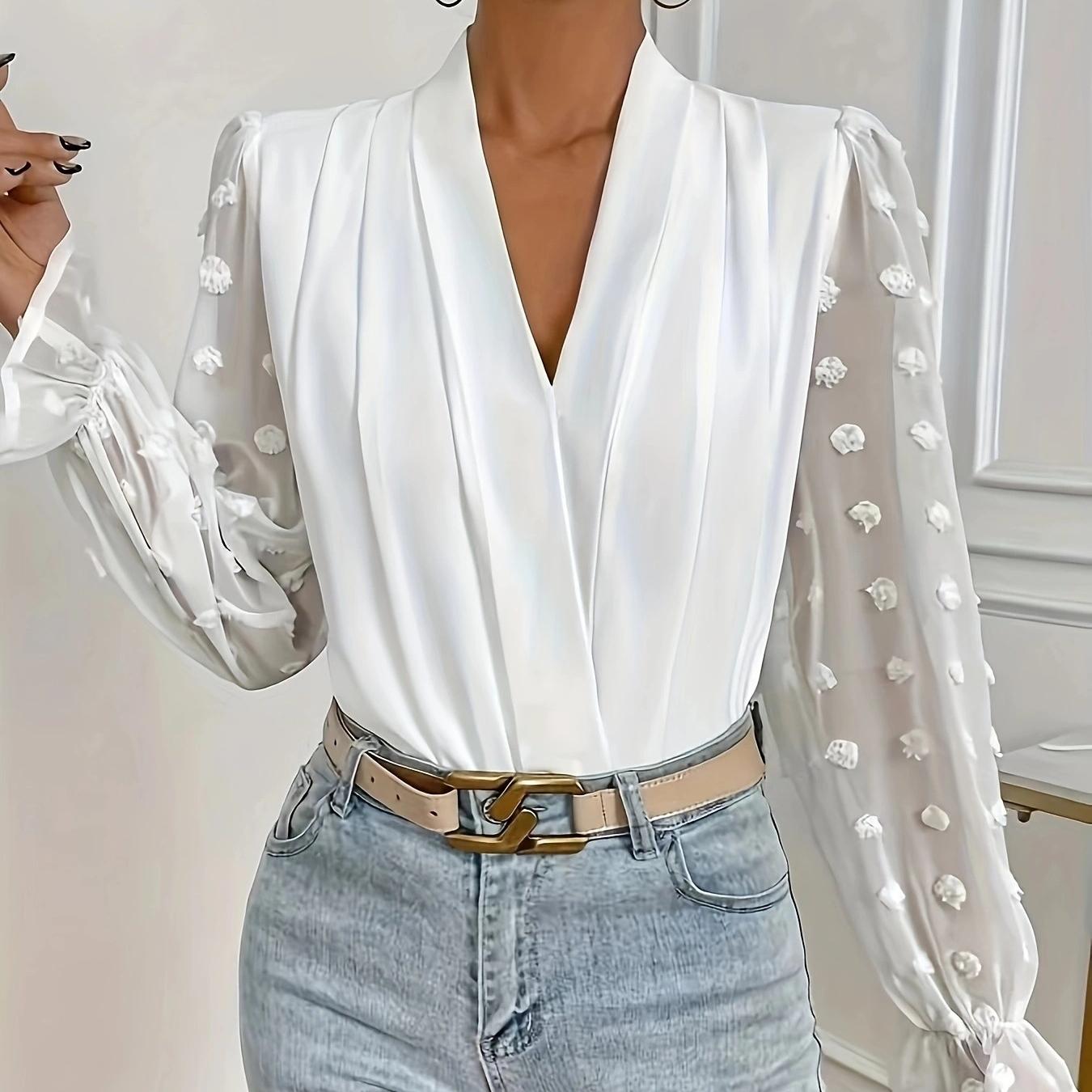 

QICED Весенне-летняя блузка из шифона с V-образным вырезом и свободными рукавами-фонариками XXL белый