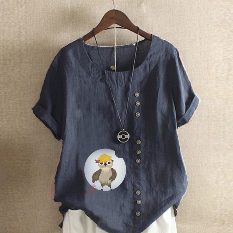 Women's Fashion Owl Prined Short Sleeve T-shirt Loose Cotton Shirt Casual Loose Summer Blouse Tops Plus Size