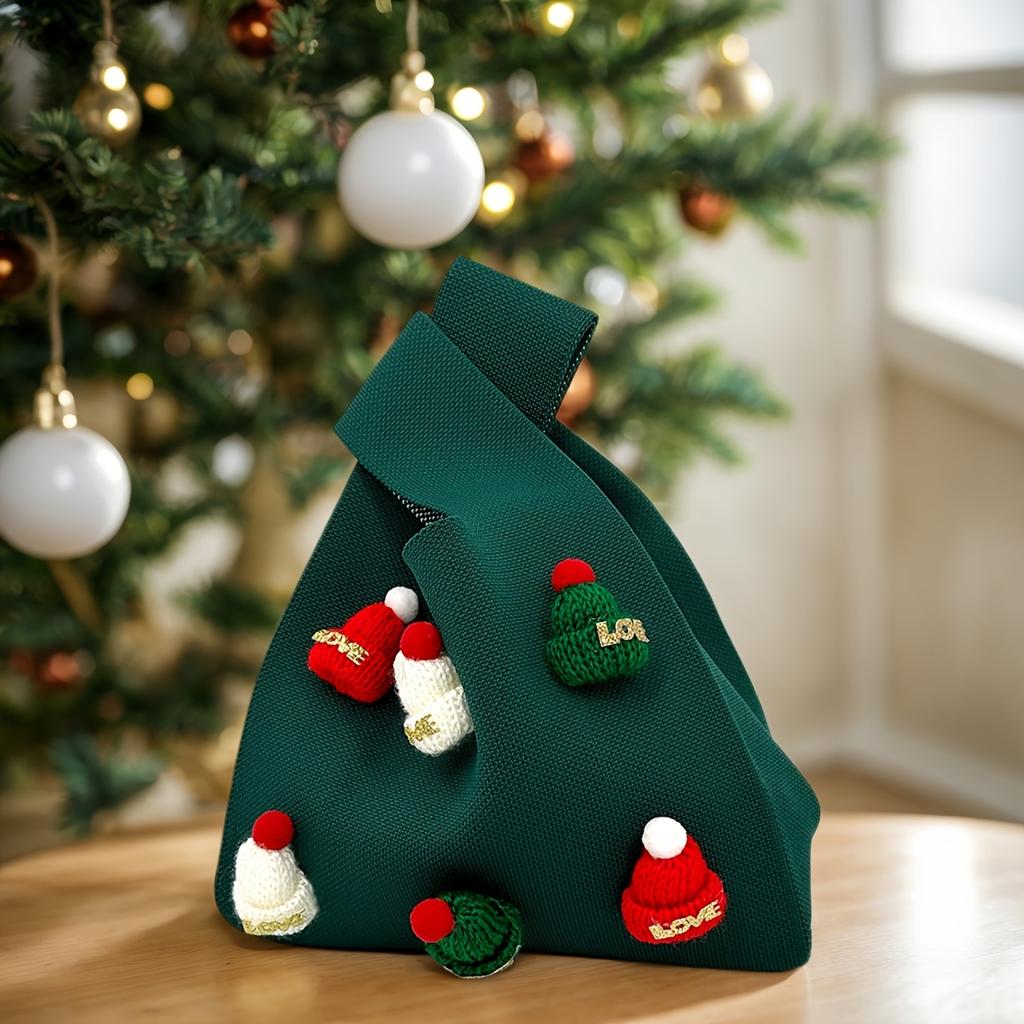 Festive Gift Bag with a Christmas Hat, a Lightweight and Portable Polyester Knit Handbag