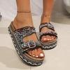 Women's Wide Width Cork Sandals, Rhinestone & Bead Platform Slides, Colorful Double Buckle Slippers for Women
