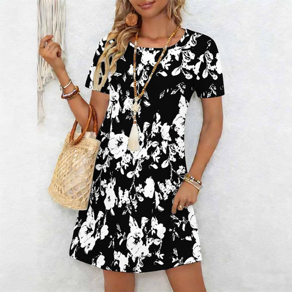 Women's Fashion Graceful Beautiful  Flowers and Lines Print Summer Spring Short Sleeve O-Neck Casual Dresses