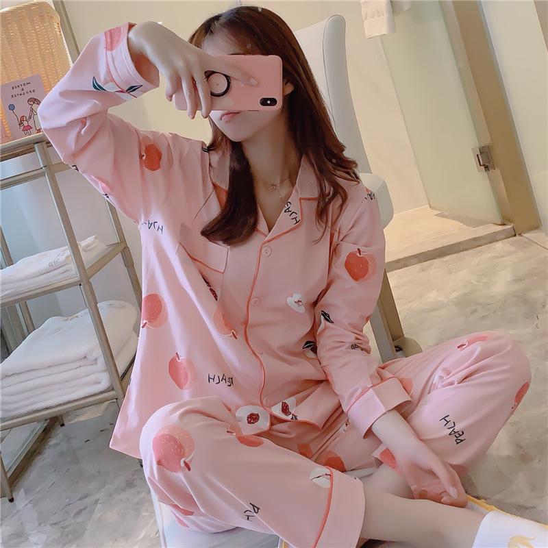 Pajamas Women's Long-Sleeved Long Trousers Cartoon Cute Thin Home Clothing Fashion Cardigan Women's Pajamas Sweet Prints