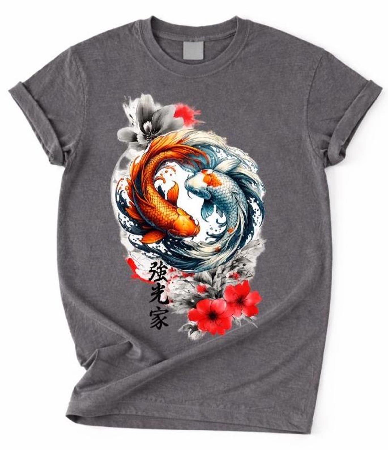 Koi Fish Yin Yang Shirt, Japanese Koi Tattoo Style Tee, Balance Zen Art Shirt, Red Floral Koi Tee, Moon Spirits Embroidered Tee 2XL