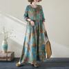 Spring Autumn Floral Print Round Neck Retro Loose Long Dress Long Sleeve Cotton Linen Dress Women's Clothing