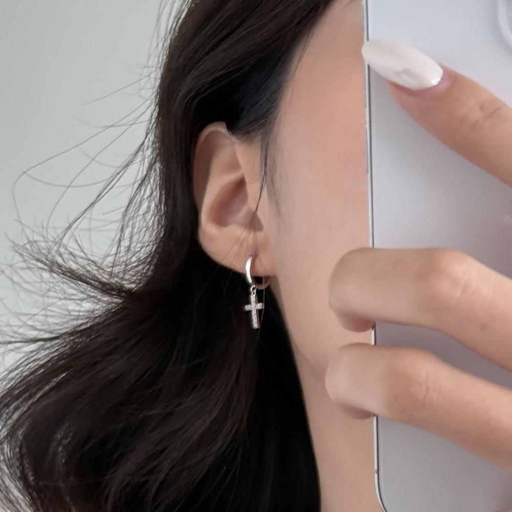 Dylam Jewelry Dainty S925 Silver 5A Cubic Zirconia Tiny Religious Cross Pendant Hoop Earrings for Women Daily Wear Jewel