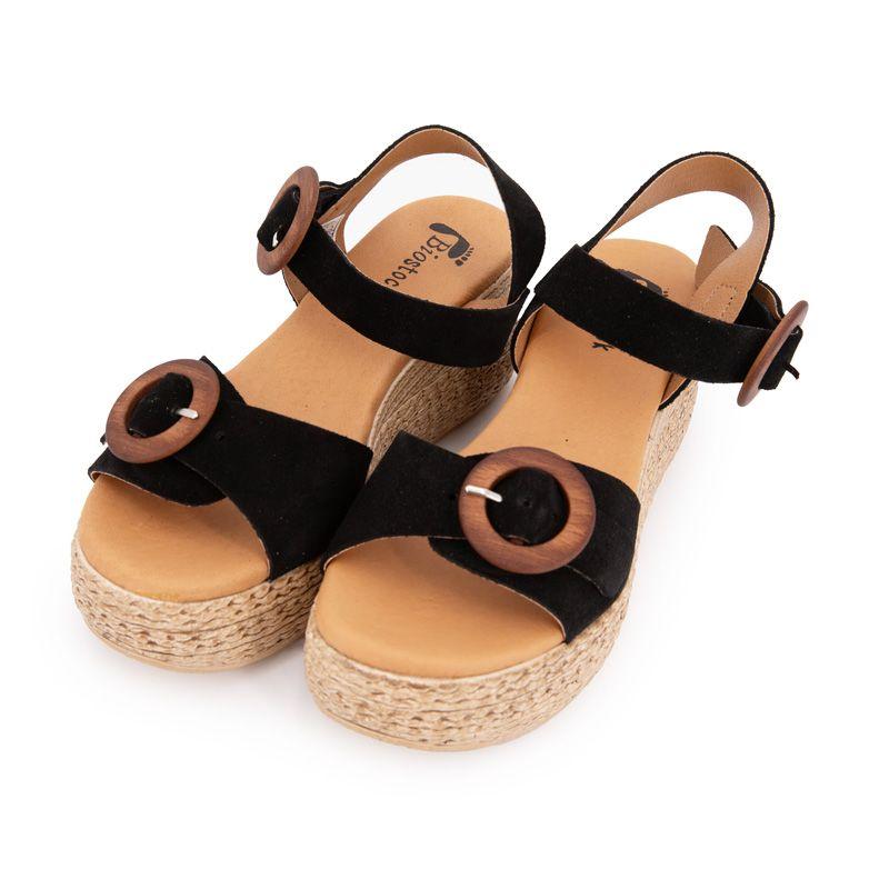 Sandales noires compensées en cuir double boucle bois Femme BIOSTOCK
