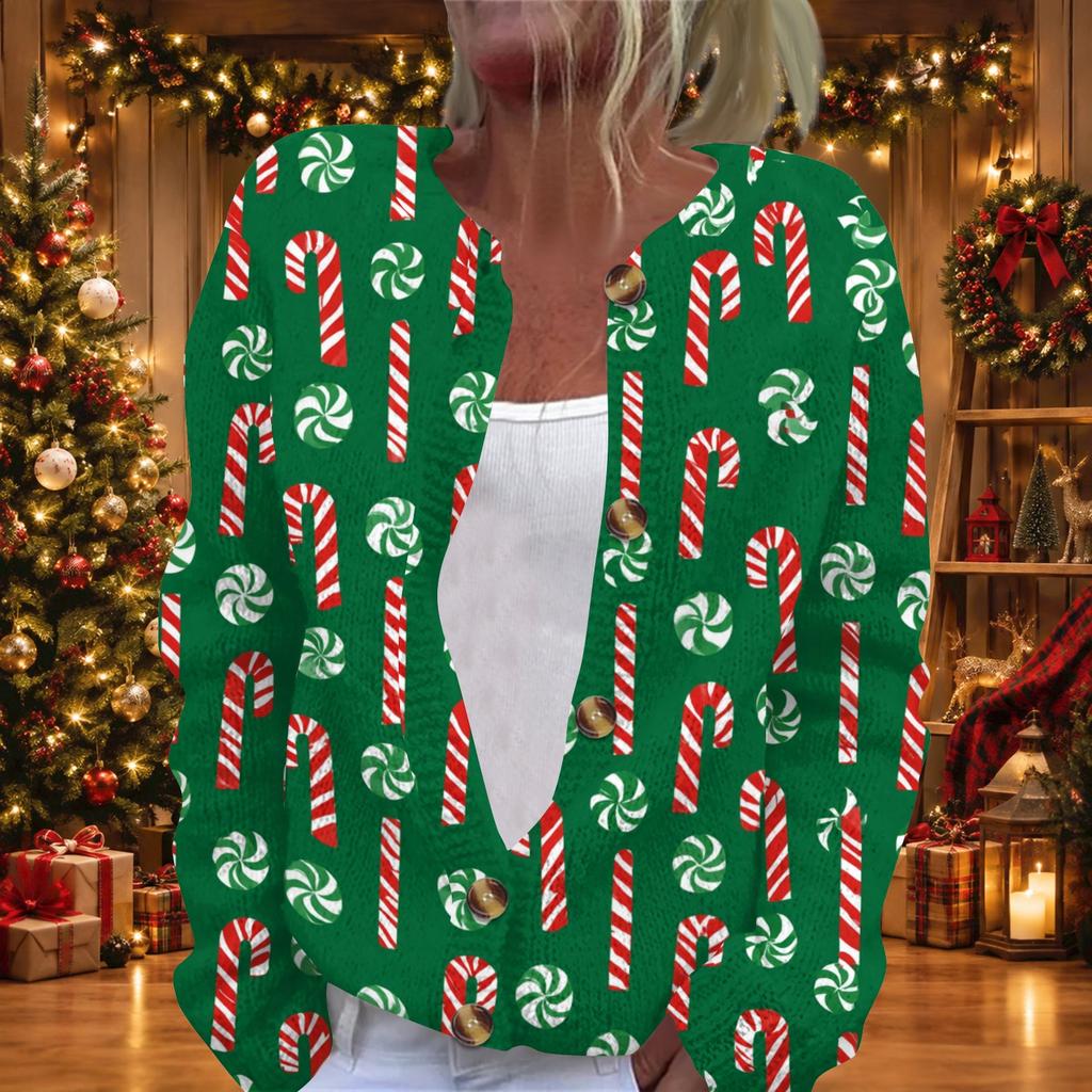 Damen Weihnachtsdruck Langarm Strickjacke, Knopfleiste Feiertagspullover
