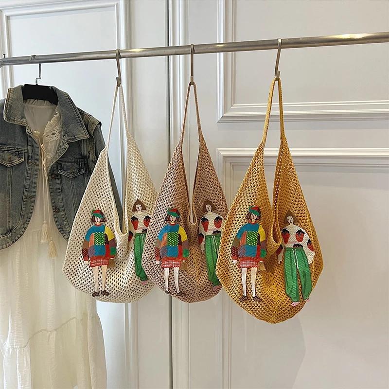 Fashion Hollowed-out Shoulder Bag Cute Cartoon Character Prints Handbag Casual And Lightweight Beach Vacation Bag Large Tote Bag
