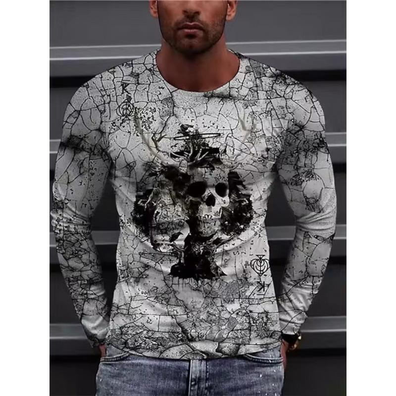 Autumn Round Neck 3D Skull Pattern Printed Top Fashionable Casual Long Sleeved Men's T-shirts