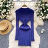 Spring Autumn Women Elegant Polo Collar Full Sleeve Knitted Sweater Mini Short Sheath Dresses