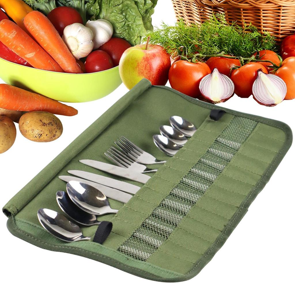 Camping Tableware Roll Bag Kitchen Cooking Utensil Set Travel Organizer Multi-function Cutlery Pouch Holder Forks Spoons