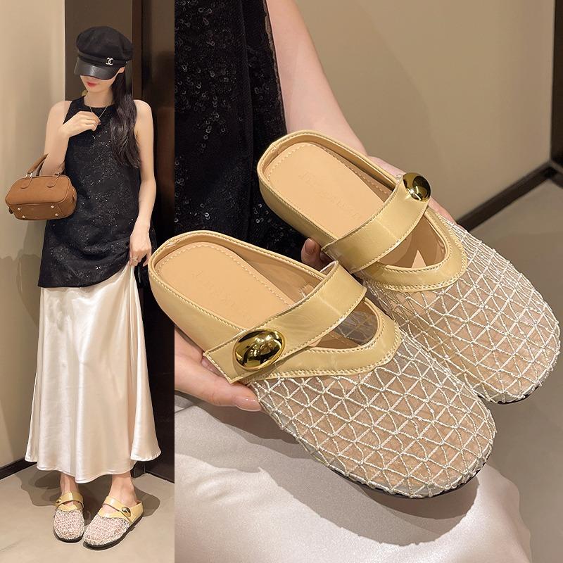 Fashion New 2025 Women's Flat Bottom Slip-On Sandals Head Cover Mesh Breathable Summer Outdoor Rubber Sole Soft Bottom Slippers