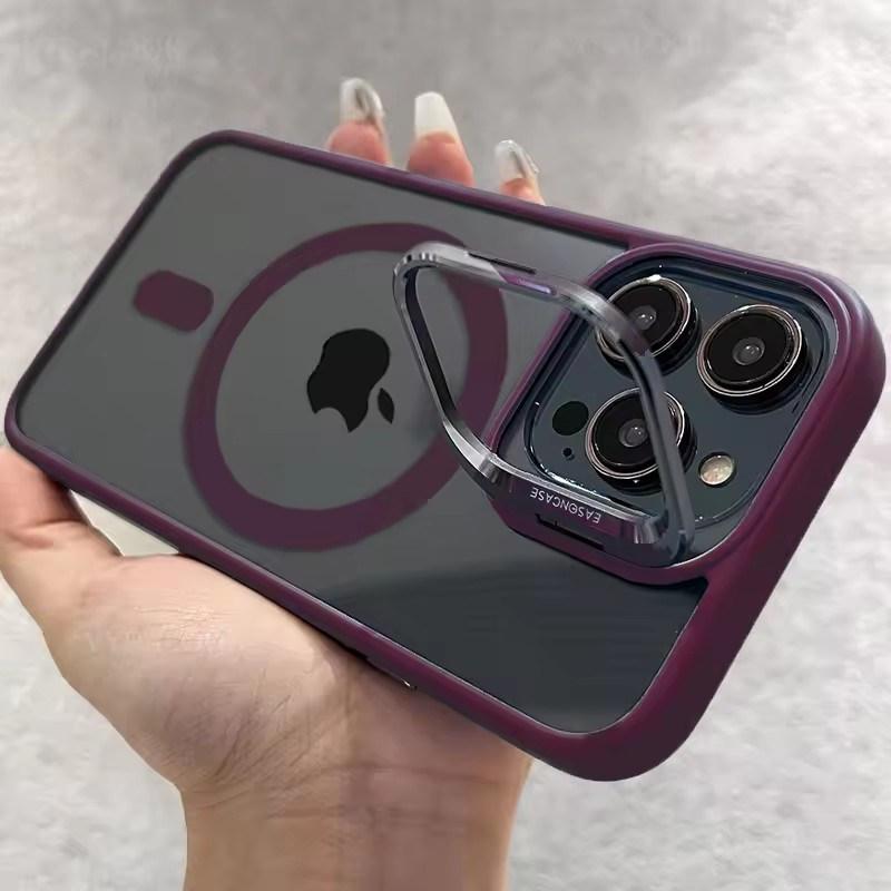 Metal Holder Phone Case For iPhone 17 16 15 14 13 12 11 Pro Max Plus Air For Magsafe Transparent Magnetic Lens Protection Cover