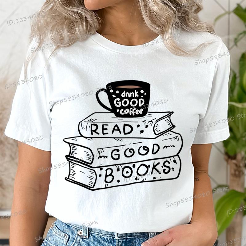 Casual Vintage Book Coffee T Shirt Women Trendy Bookish Short Sleeve Tshirt Book Lover Party Gift Coffee Lover Summer Clothes