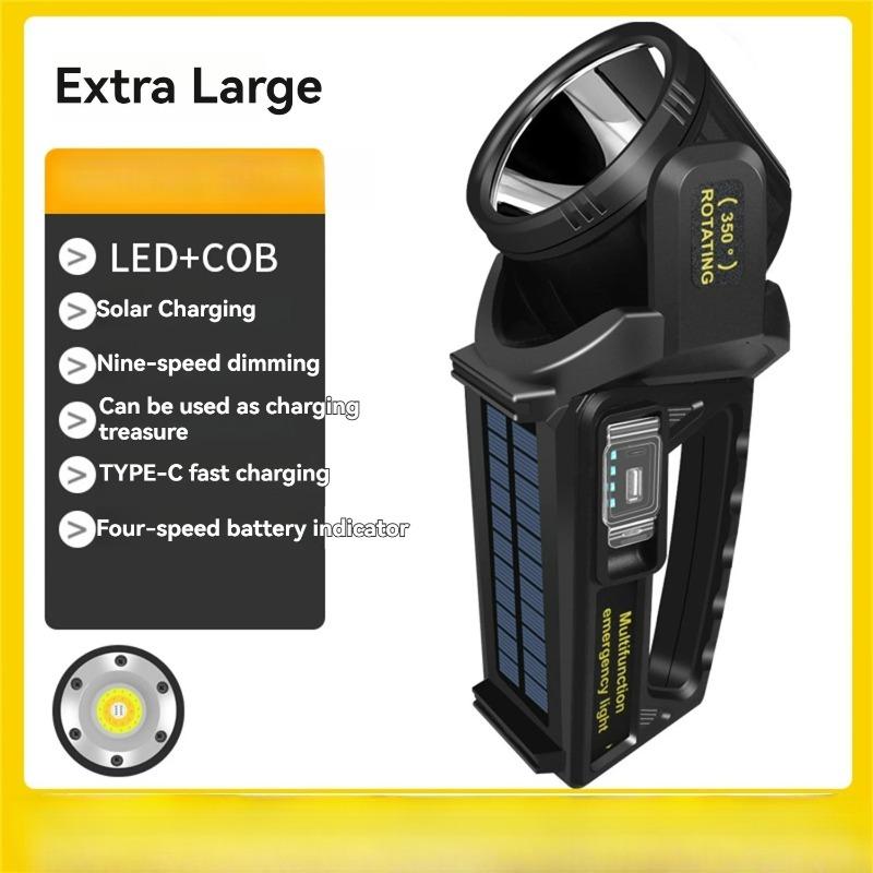 Rechargeable LED Spotlight Flashlight with 350° Rotate Head, 9 Modes, IPX6 Waterproof, Solar + TYPE-C Charging, Power Bank