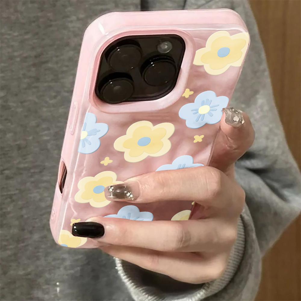 Cute Cartoon Pastel Floral Spring Phone Case For iPhone 17 16 15 14 13 12 11 Pro Max Plus 17 Air Simple Wrinkled Texture Cover