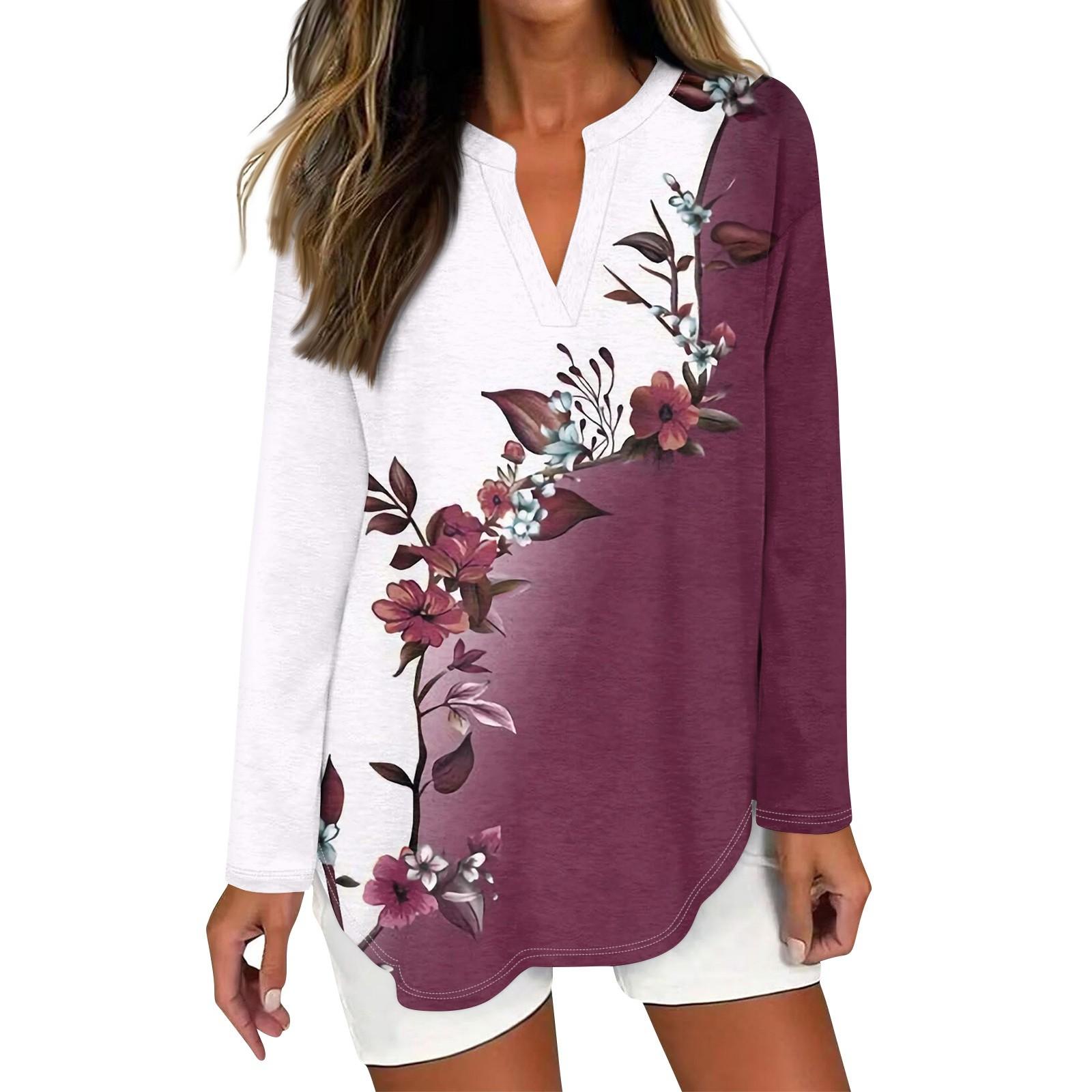 

Женская футболка с принтом, длинный рукав, повседневная, выходного дня, модная, базовая, с V-образным вырезом, изогнутым подолом, стандартный топ XXXL