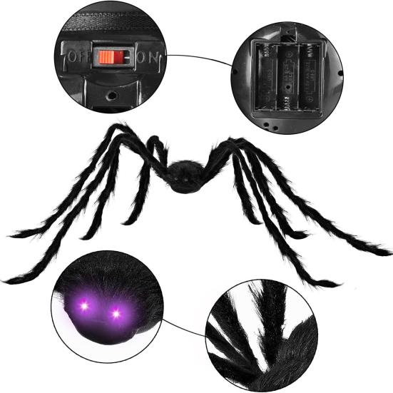 Halloweenský obří svítící pavouk Strašidelný realistický chlupatý LED pavouk s ohebnýma nohama pro vnitřní venkovní Halloweenskou zahradní domácí výzdobu