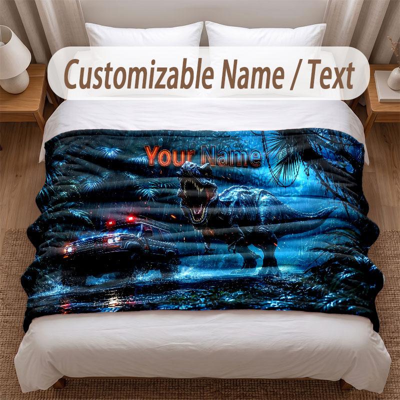 Dinosaur Theme Soft Blanket Personalized Custom Name Text Print Warm Blanket Home Sofa Bedroom Decor
