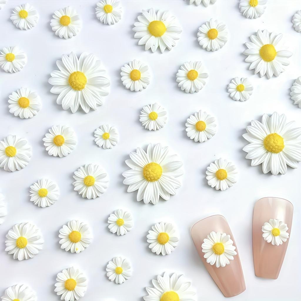 60pcs Realistic White Daisy Flowers with Yellow Centers - Flat-Bottom Floral Decorations, for DIY Crafts, Phone Cases, Nail Art