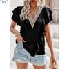 DX~~Short Sleeved Shirt Women's Summer Style Commuting V-neck Ruffle Top