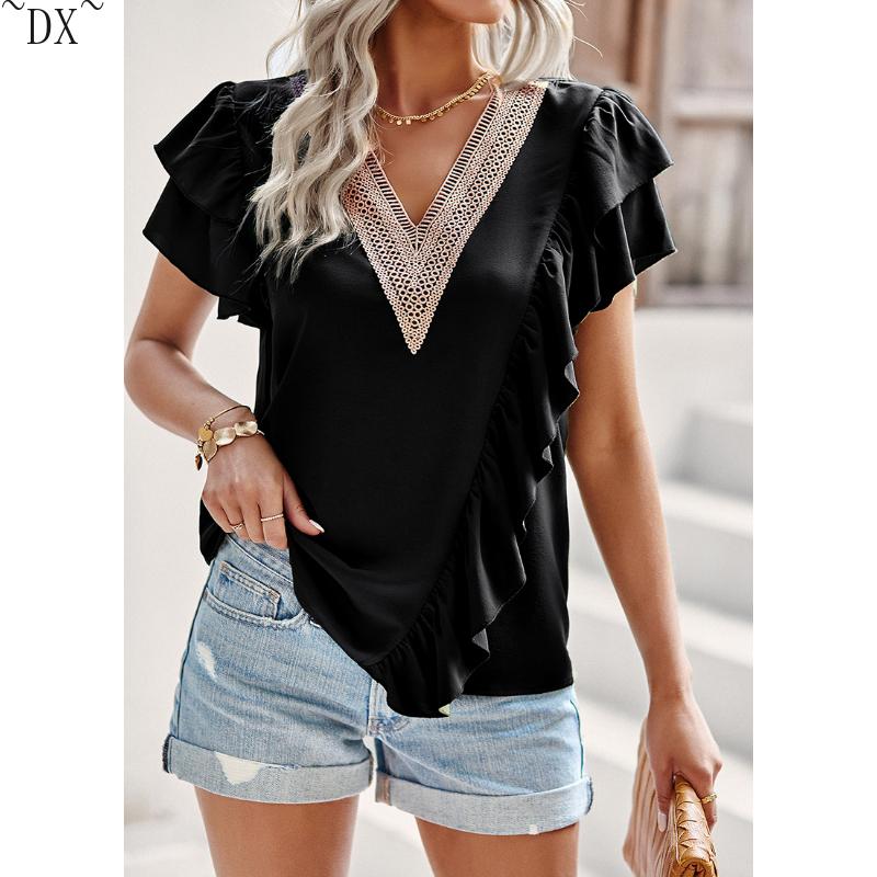 DX~~Short Sleeved Shirt Women's Summer Style Commuting V-neck Ruffle Top