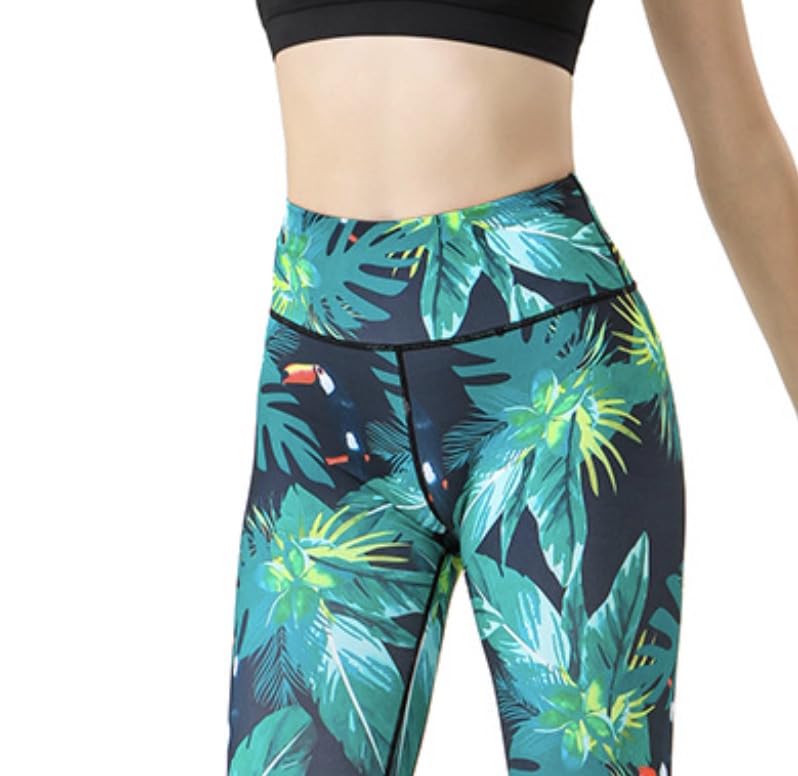 YOGALOVE Floral Print Yoga Cropped Perfect for Hot Yoga Green Size Women's Leggings, Quick-Drying, Length, (Bright Leaves, XL)