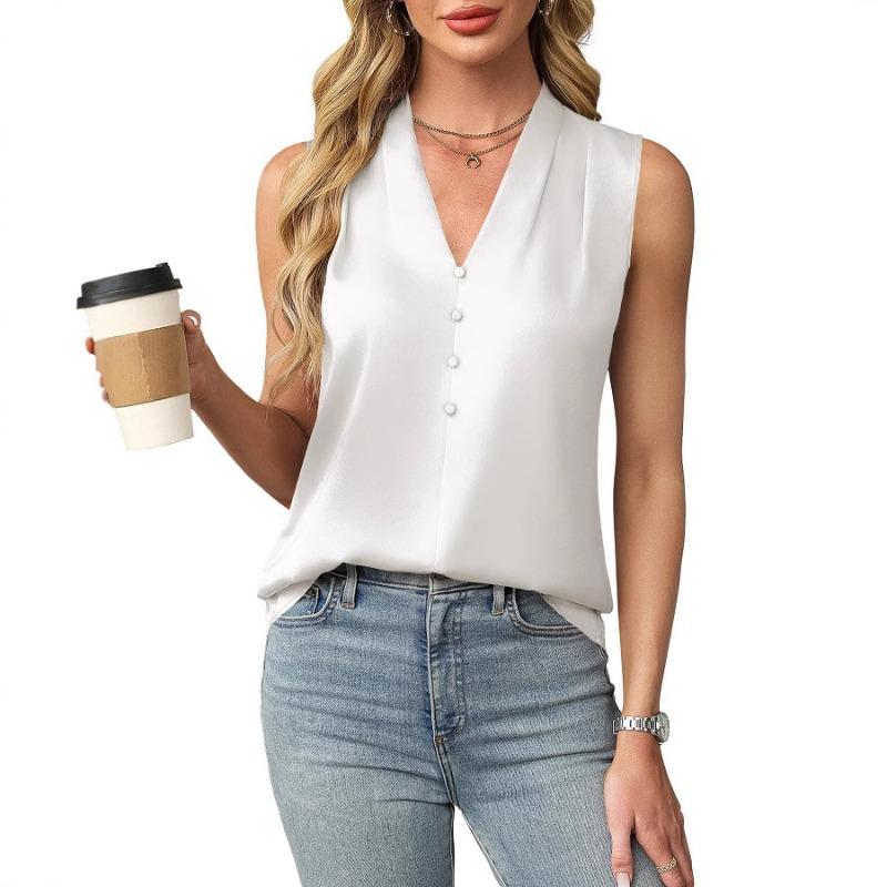 

Women s Imitation Silk Sleeveless Vest Top Summer Comfortable Breathable V-Neck Shirt Tank Top Fashion Solid Color Elegant Vest S білий
