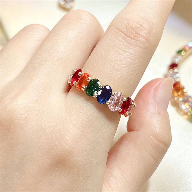 Fashion Rainbow Oval CZ Eternity Women Ring Stackable Band Accessories Daily Wedding Cocktail Fashion Lady Jewelry Gift
