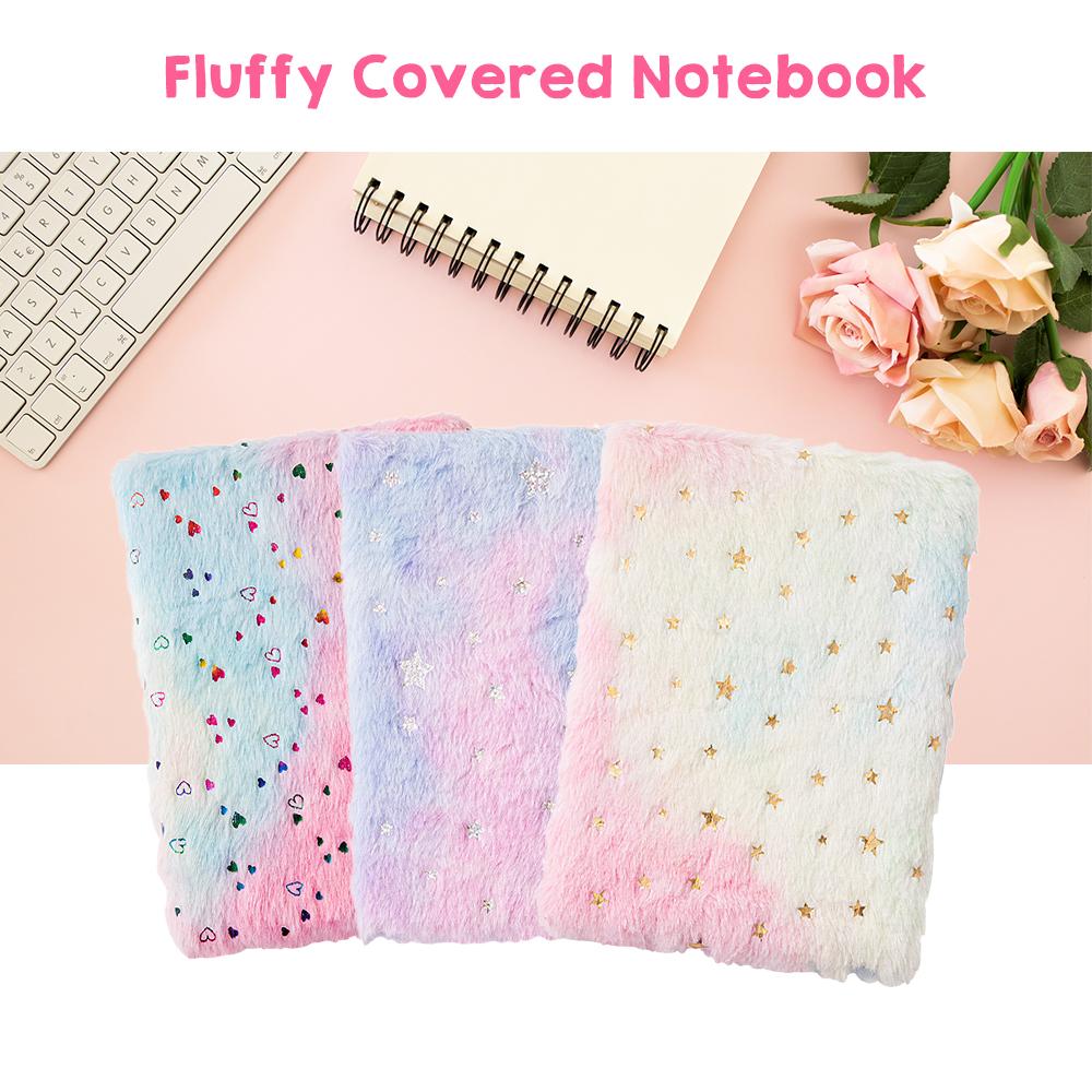 Notebook Cute Plush Covered Diary Notepad Gradient Colored Softcover for Girls Embroidery Private Writing Drawing Note Taking Journal Li