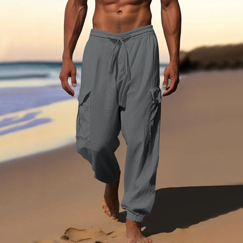 Modne Męskie Spodnie Casualowe z Bawełny i Lnu ze Sznurkiem, Wielokieszeniowe, Tie-Dye, Jednokolorowe, Luźne, Duży Rozmiar, Spodnie Robocze Mężczyzna