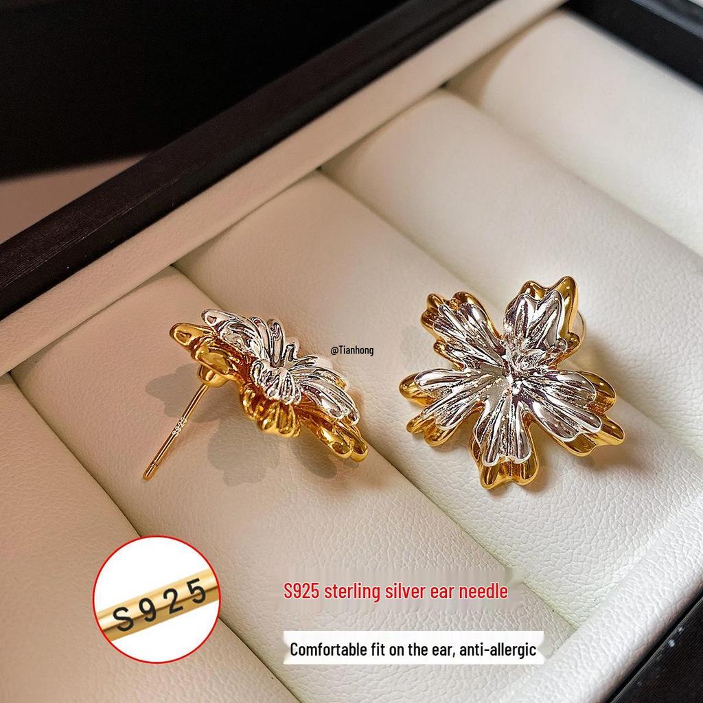Two-Tone Gold & Silver Flower Earrings: Summer Light Luxury with French Retro Charm