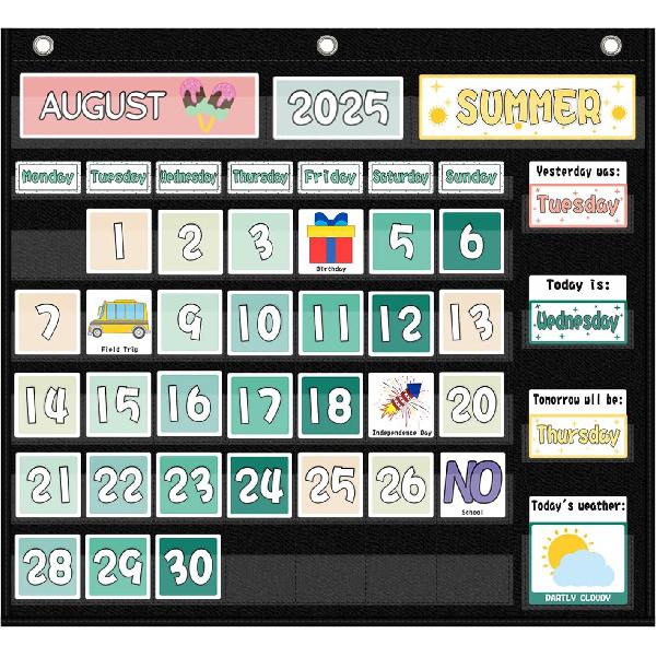 Classroom Calendar Pocket Chart Display And Weather Station Set-Groovy Classroom Decor,Class Calendar Kit for Classroom Organization,Bulletin Board