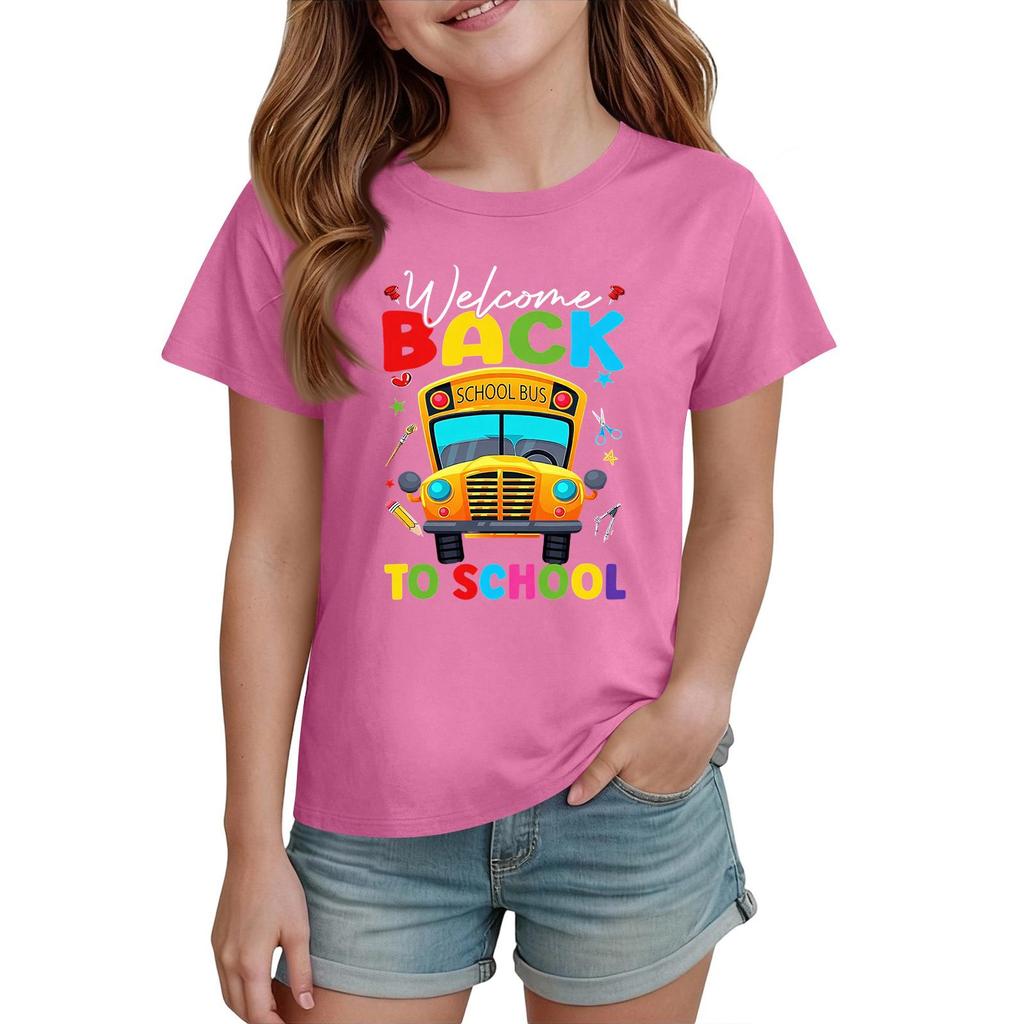 Kids Short Sleeve T Shirt Casual Crew Neck Top Children Back To School Printed Tee Lightweight Comfortable Fit