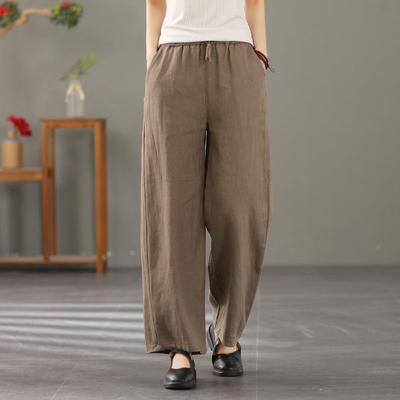 Women Harem Pants Summer Casual Vintage Cotton Linen Pants Elastic Waist Wide Leg Fashion Loose Pockets Female Trousers