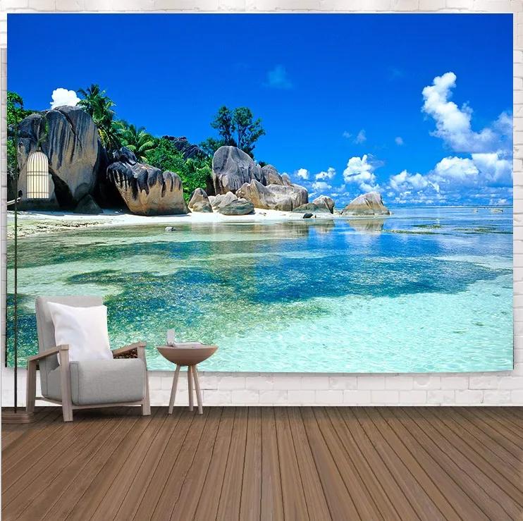 VIKAMA Tropical Beach Landscape Tapestry Summer Coconut Grove Waves Fresh Vacation Style Living Room Room Decoration