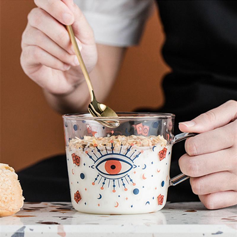 500ml Sun Eye Pattern Glass Mug with Scale Creative Breakfast Coffee Milk Cup Household Couple Water Drinkware Fun Gift