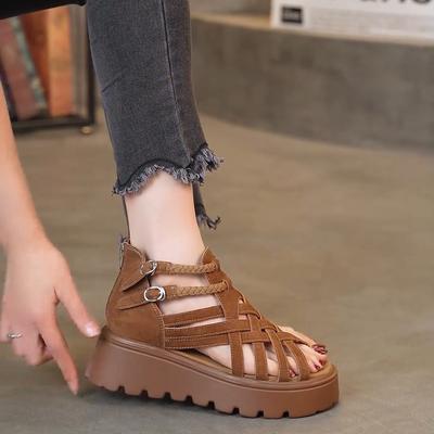 Popular Retro Thick-soled Roman Sandals Women's 2025 Summer New Lightweight Hollowed-out Small Height-increasing Woven Sandals