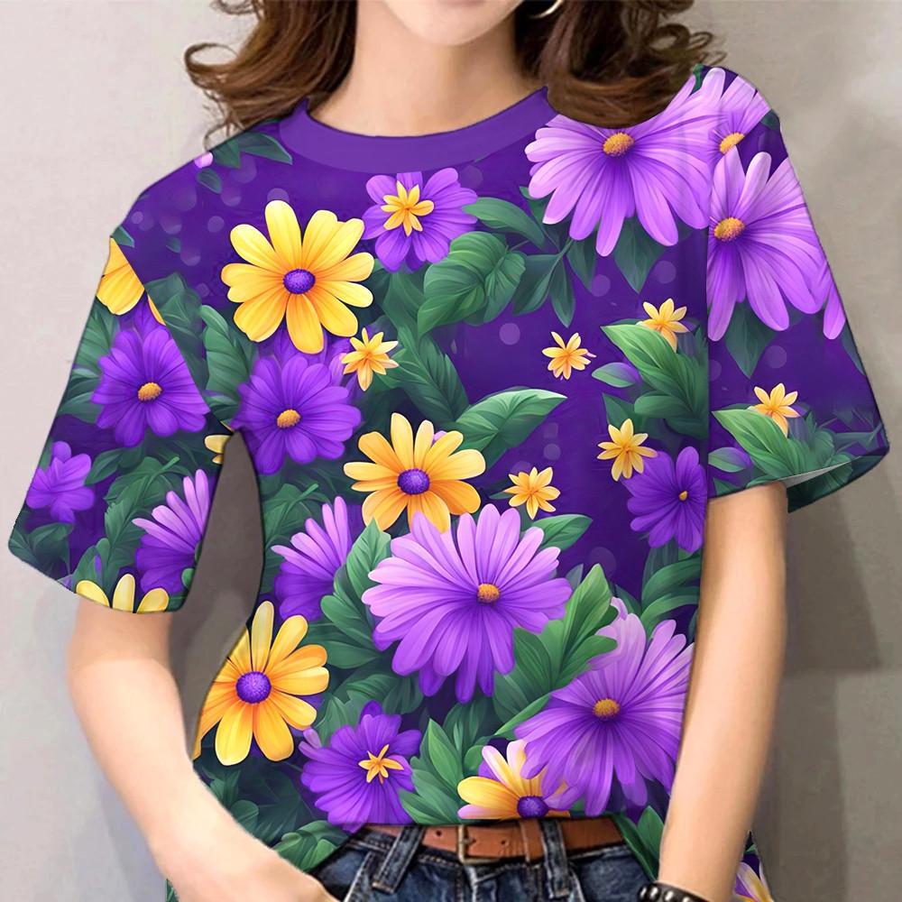 Women's summer 3D floral T-shirt with purple floral print casual short sleeved T-shirt